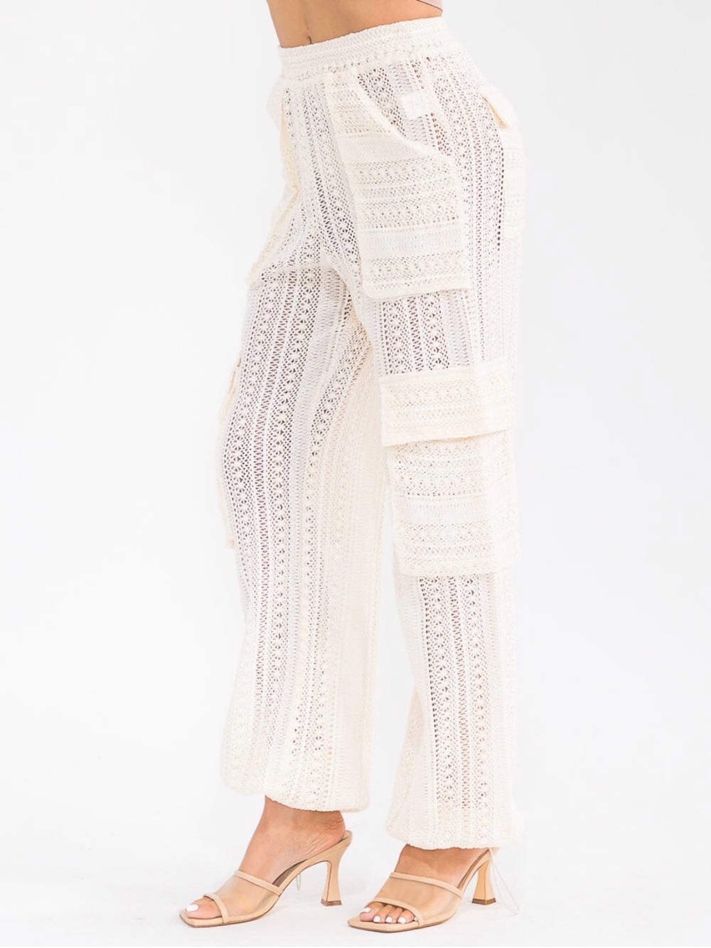 A580. Cream Crochet Wide-Leg Cargo Pants